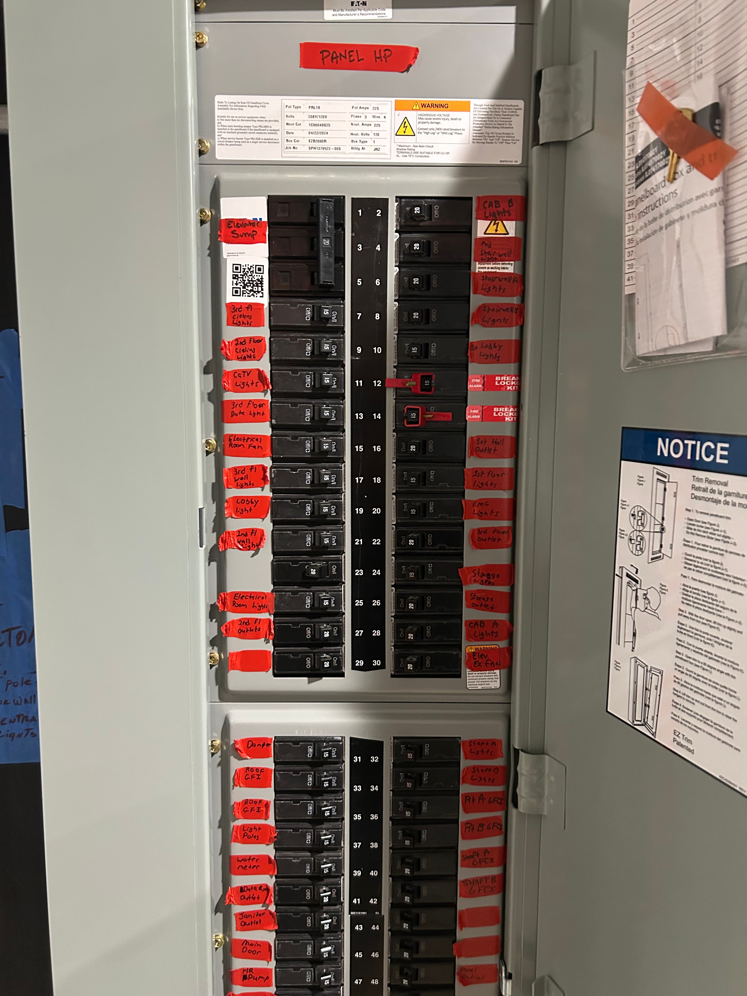 Building 3000 electrical panel with labeled circuit breakers