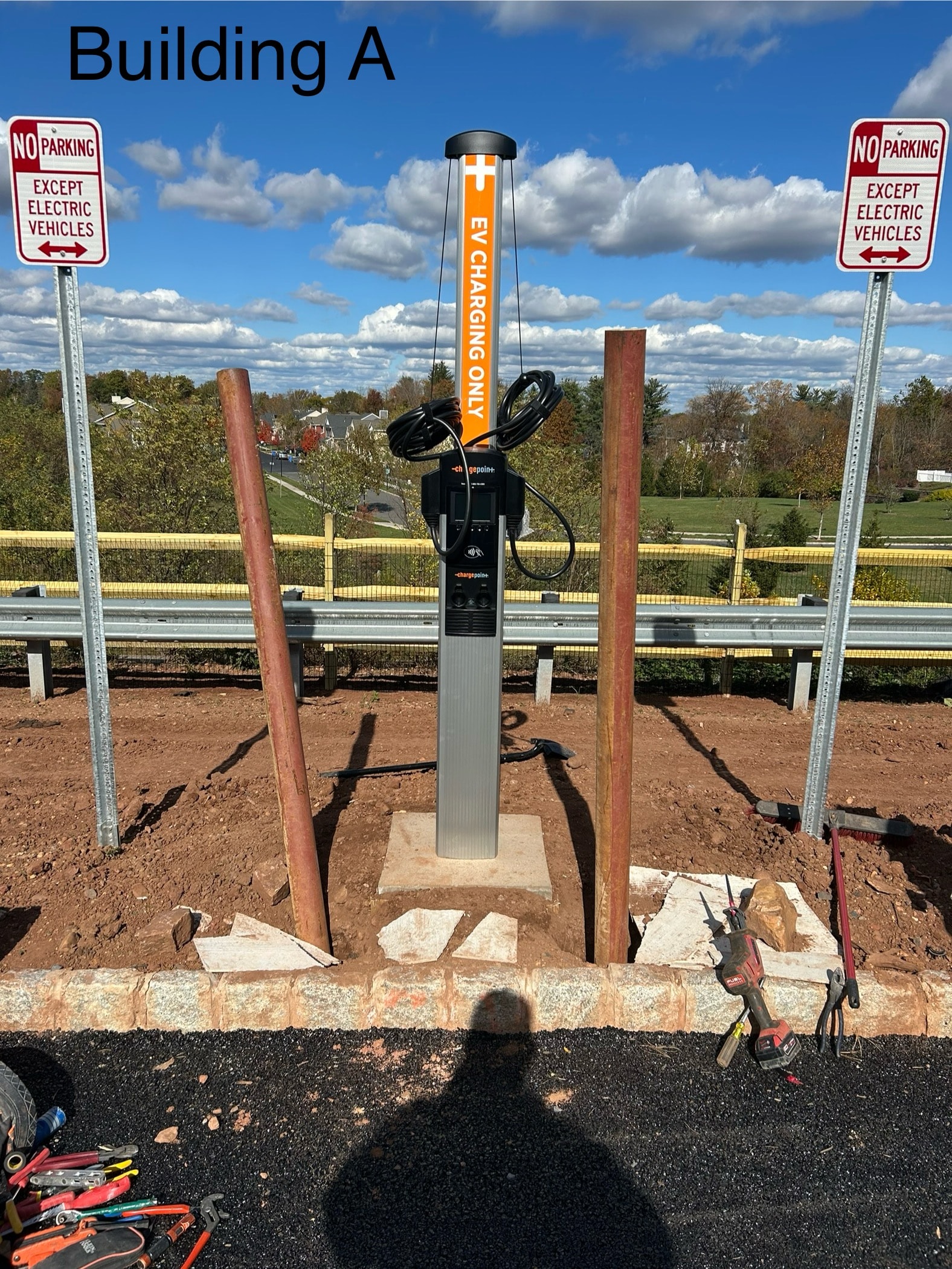 Level 2 EV charging station installation at Building A parking lot