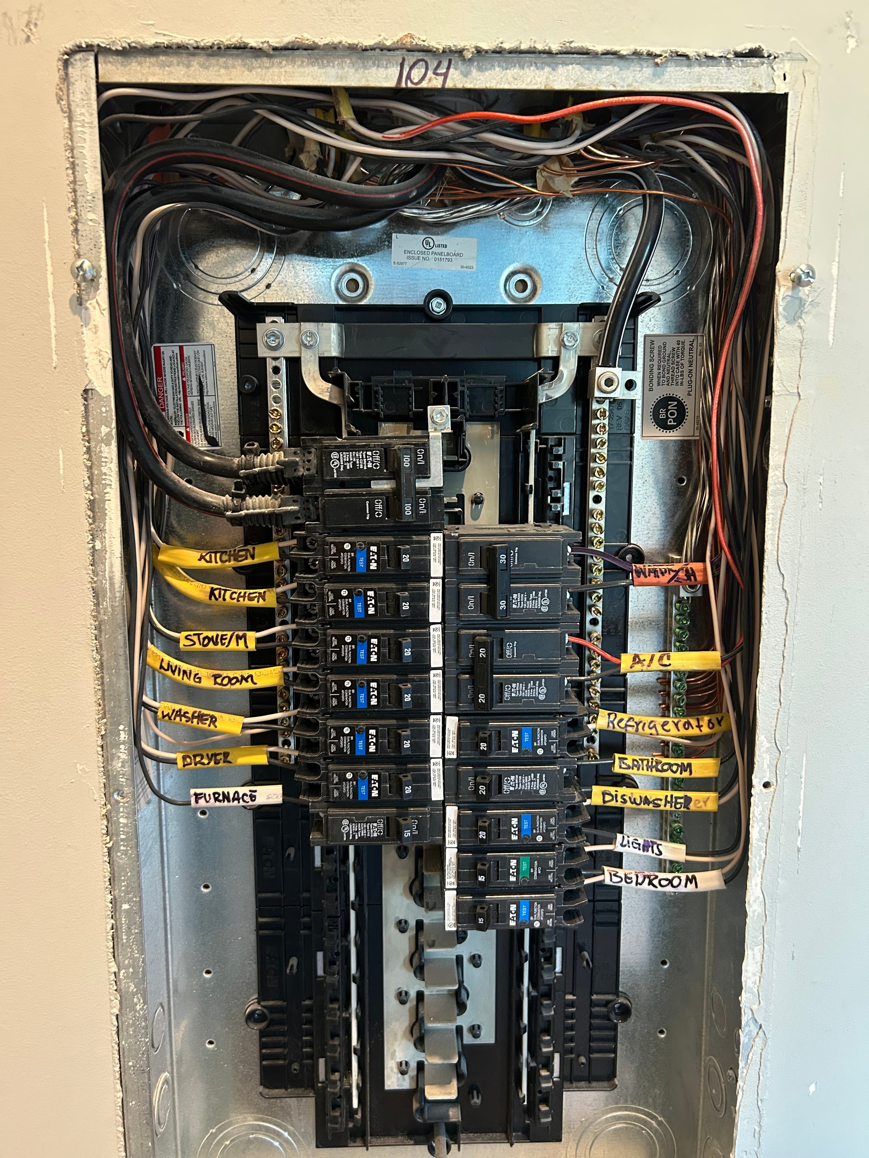 100 amp residential subpanel with labeled Eaton circuit breakers